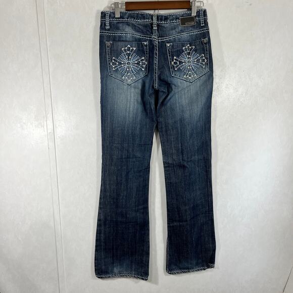 Petrol Alex Boot Cut Dark Blue Jeans White Stitching Low Rise Rhinestone Design - Picture 4 of 8